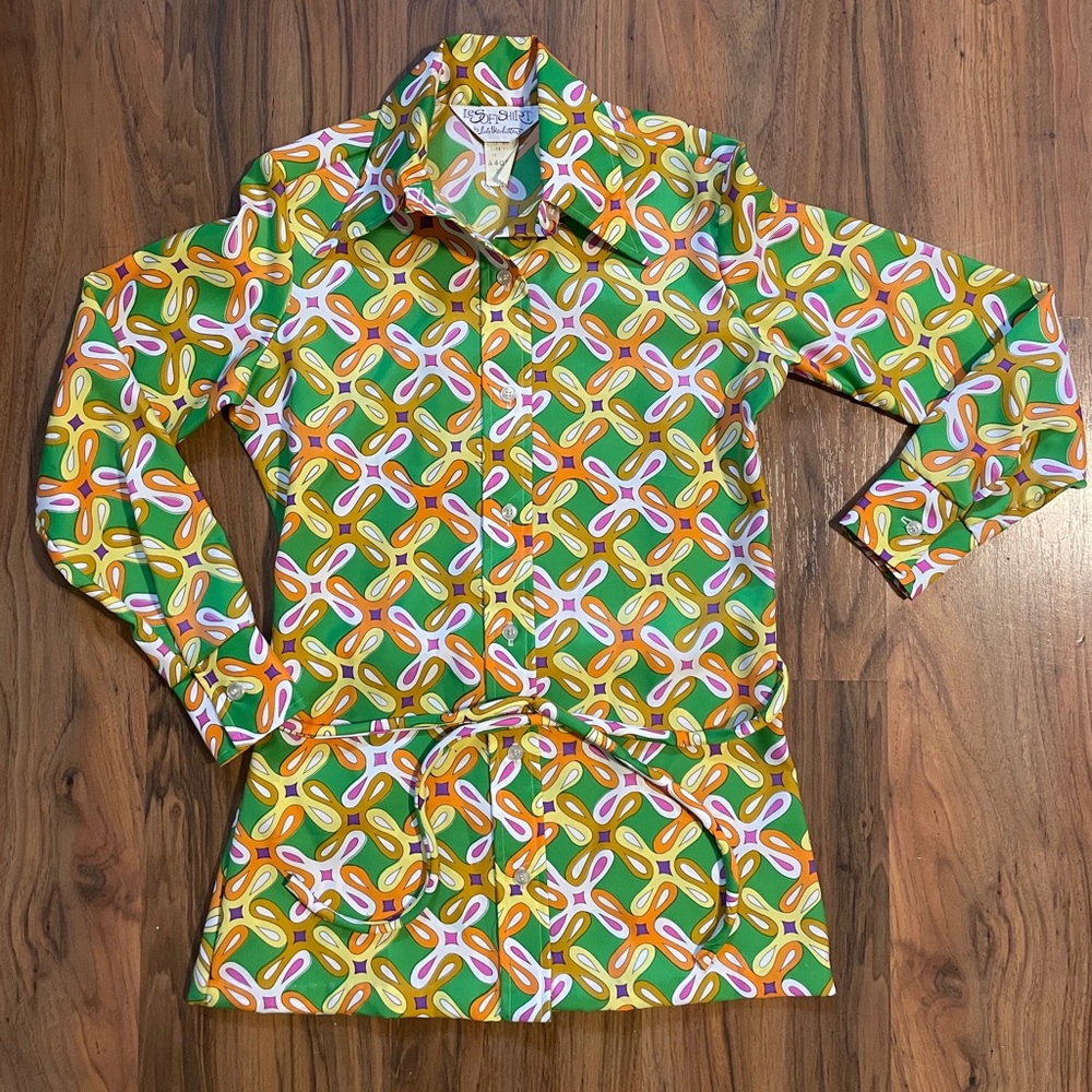 Vintage 60s 70s Le Soft Shirt by Lady Manhattan Green Yellow Blouse Size 10